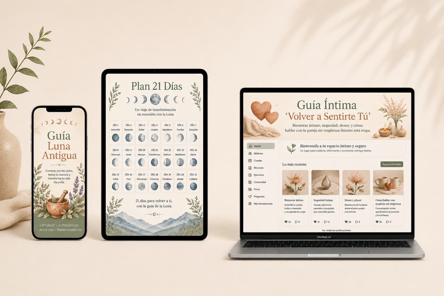 Guía Luna Antigua + Plan 21 Días + Comunidad en móvil, tablet y computadora